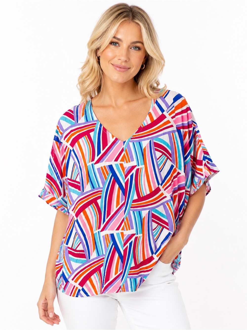 Haptics Size Large Flowy Multicolor Striped V-Neck Blouse